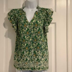 SANCTUARY Womens Green Cap Sleeve Floral Ruffled V Neck Embroidered Boho Tunic M